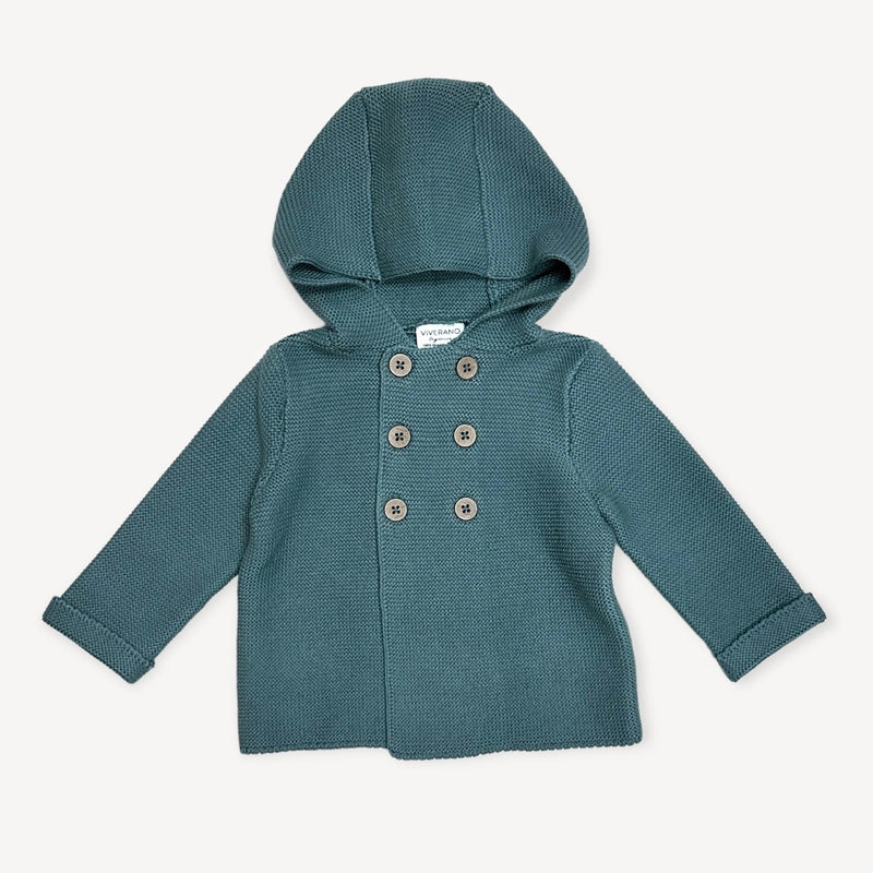 Hooded Double Button Baby Sweater Jacket (Organic) - Teal Blue