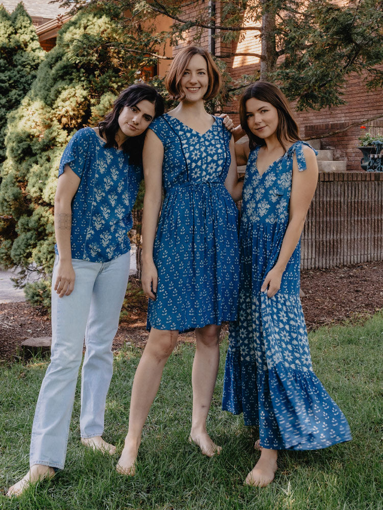 Nashville Dress in Indigo Block Print Mix