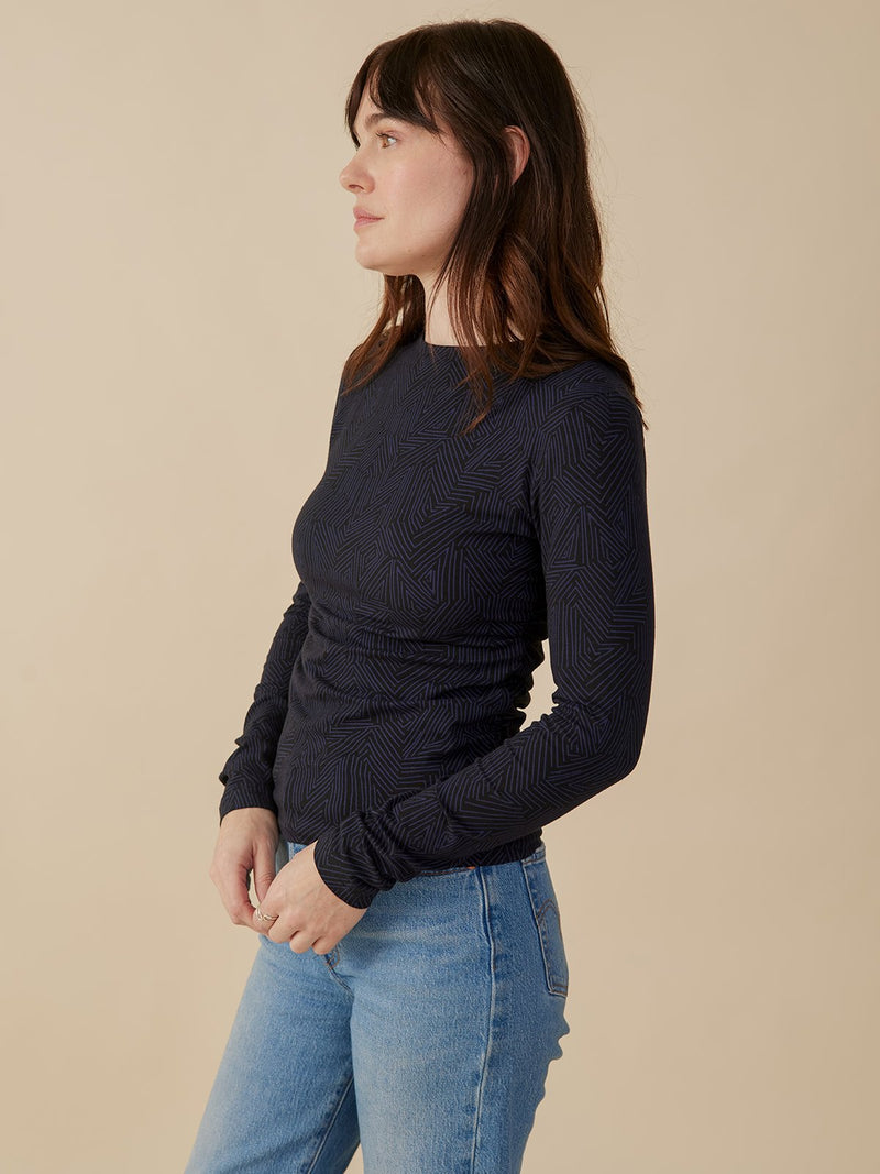 Jane Long Sleeve Ruched Top - Tree Rings Midnight