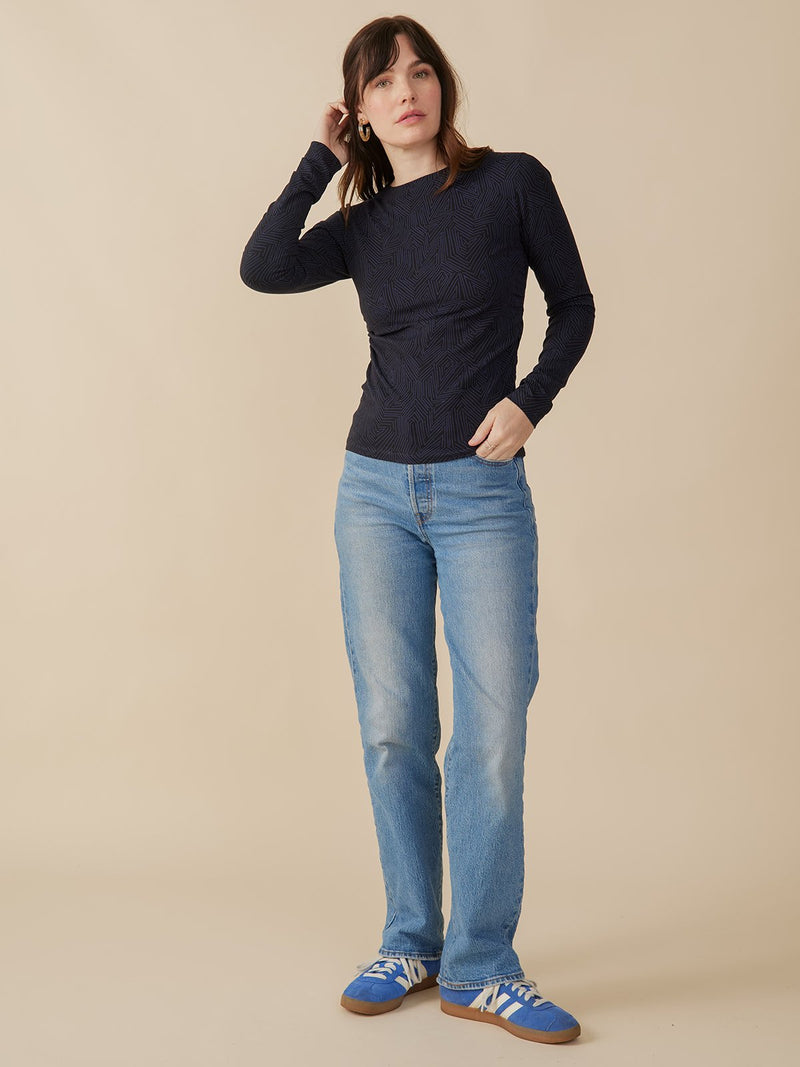 Jane Long Sleeve Ruched Top - Tree Rings Midnight