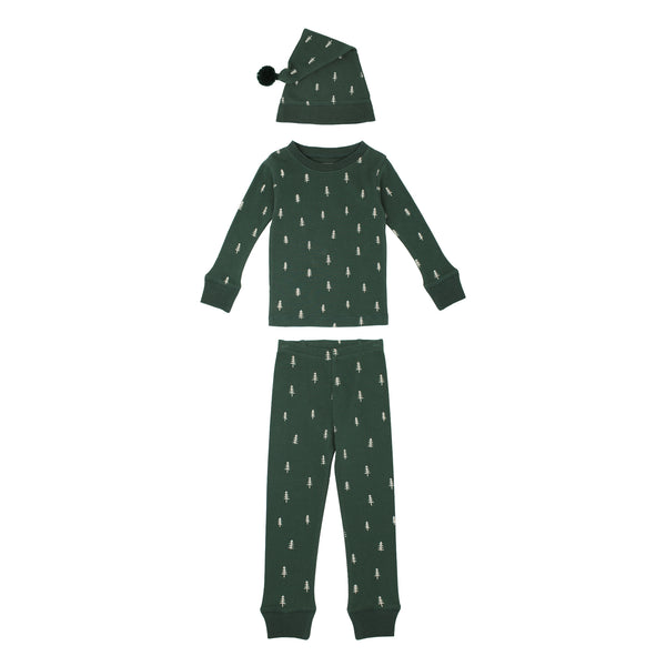 Kids' Organic Holiday PJ & Cap Set in Pine Trees