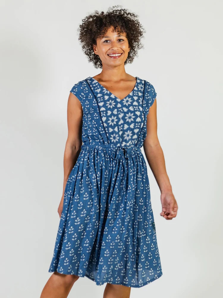 Nashville Dress in Indigo Block Print Mix