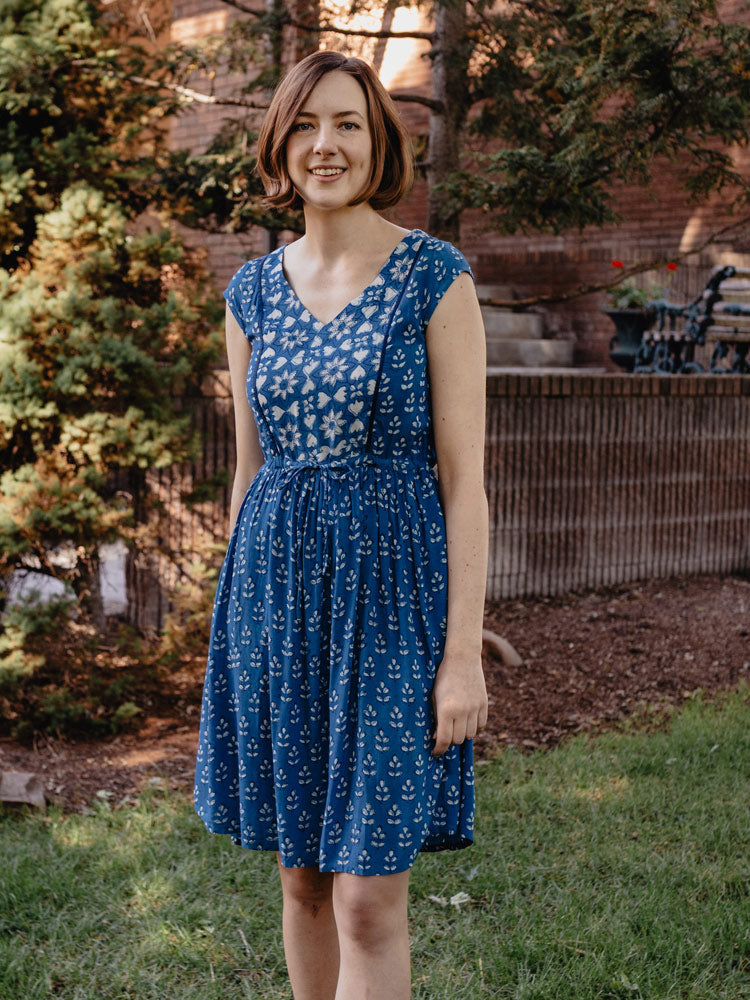 Nashville Dress in Indigo Block Print Mix