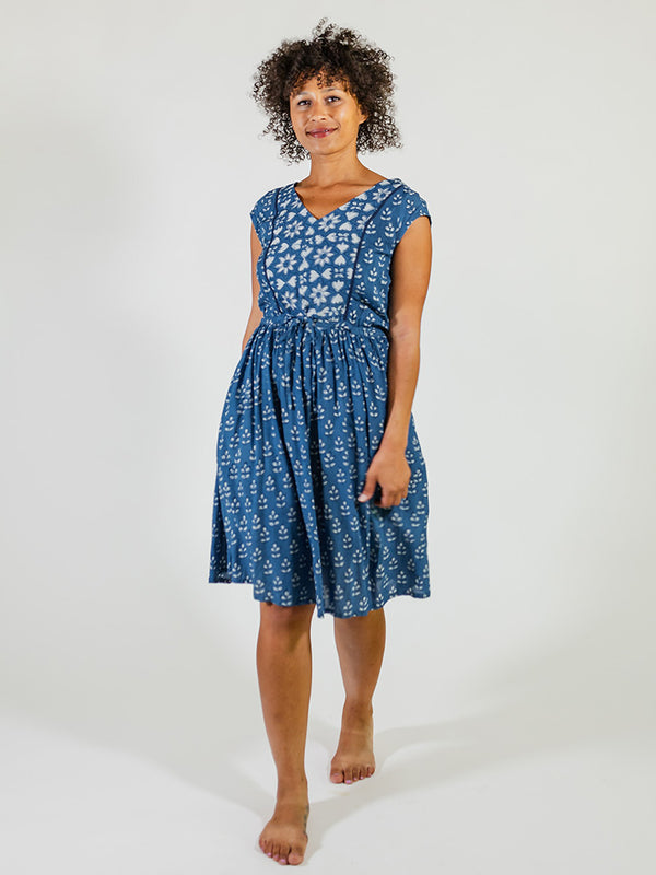 Nashville Dress in Indigo Block Print Mix