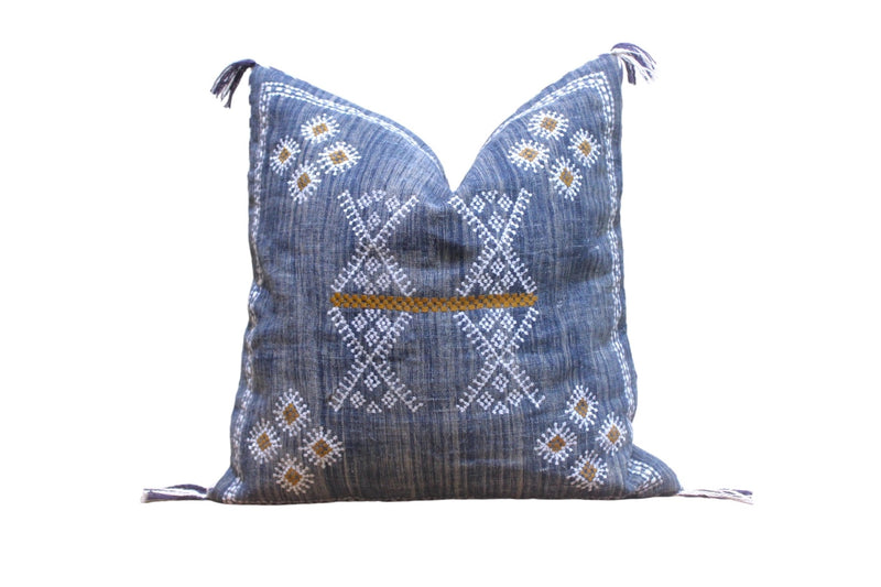 Embroidered Navy Linen Pillow Cover