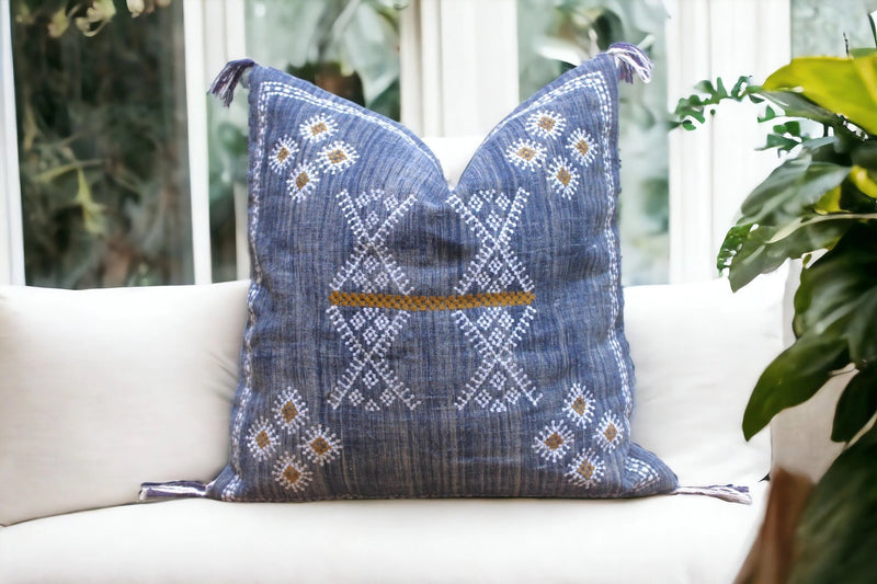 Embroidered Navy Linen Pillow Cover