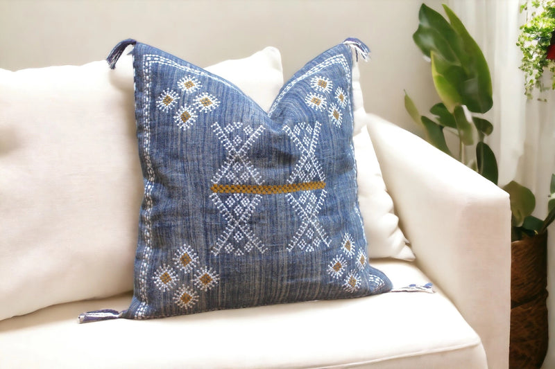 Embroidered Navy Linen Pillow Cover