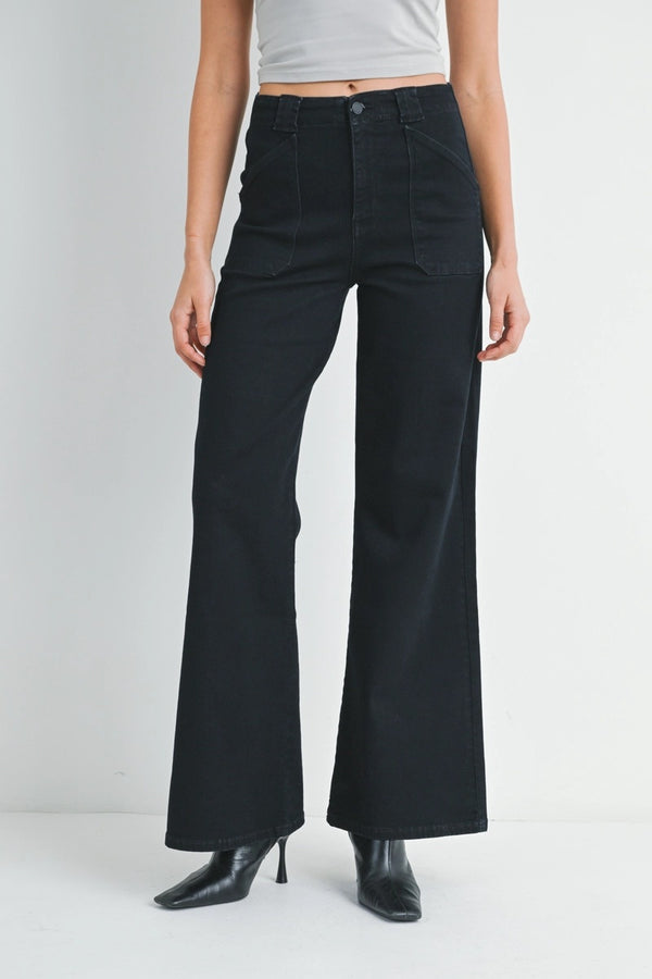 Patch Pocket Wide Leg Flare - Black