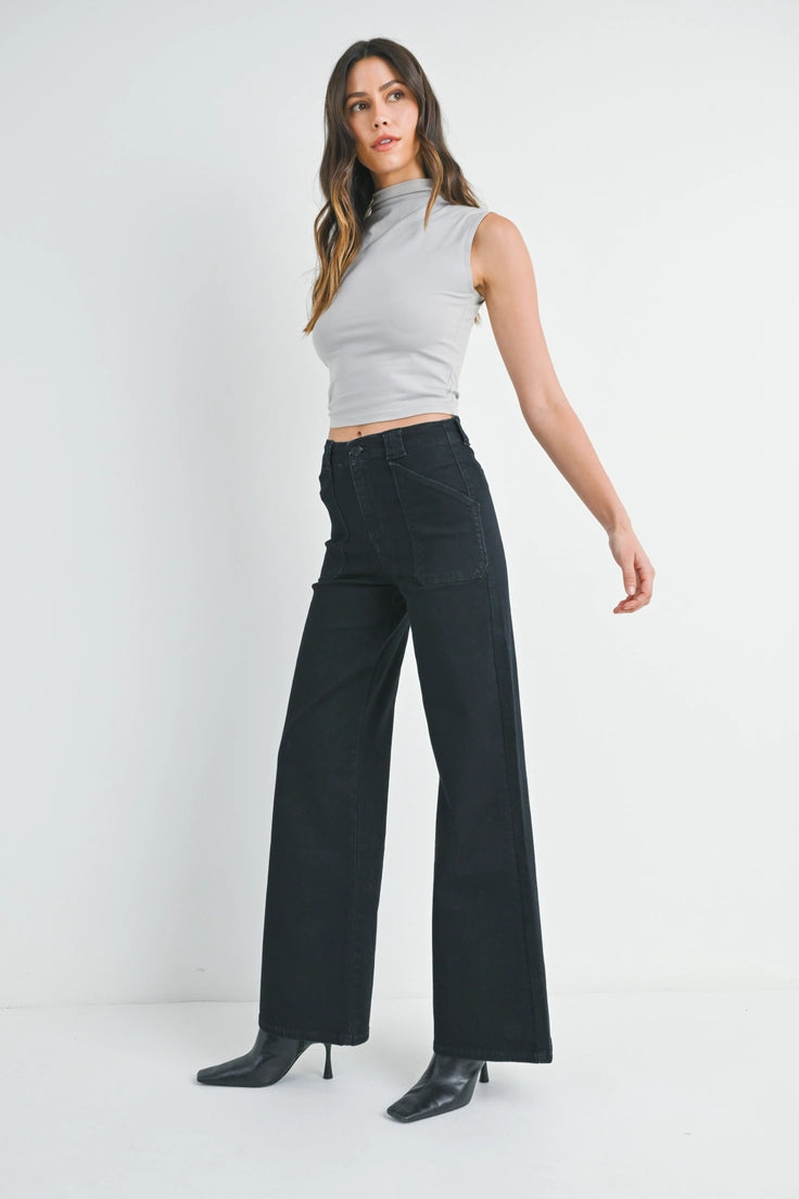 Patch Pocket Wide Leg Flare - Black