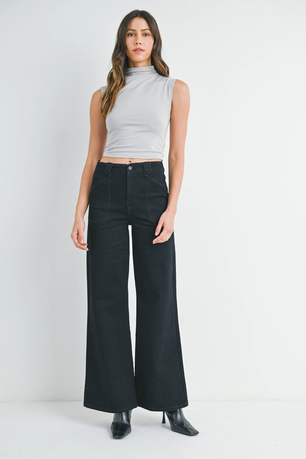 Patch Pocket Wide Leg Flare - Black
