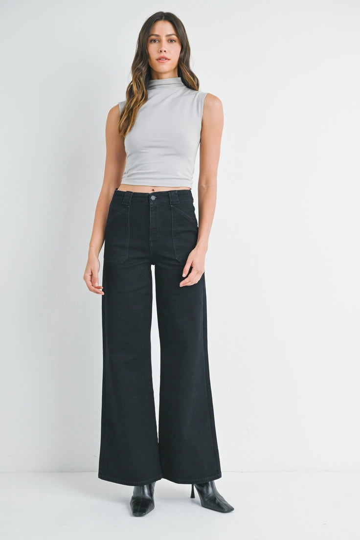 Patch Pocket Wide Leg Flare - Black