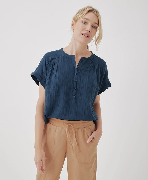 Organic Cotton Gauze Popover Top - French Navy