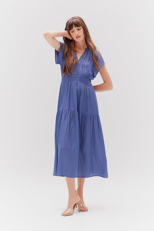 Ruffle Satin Midi Dress in Cornflower Blue