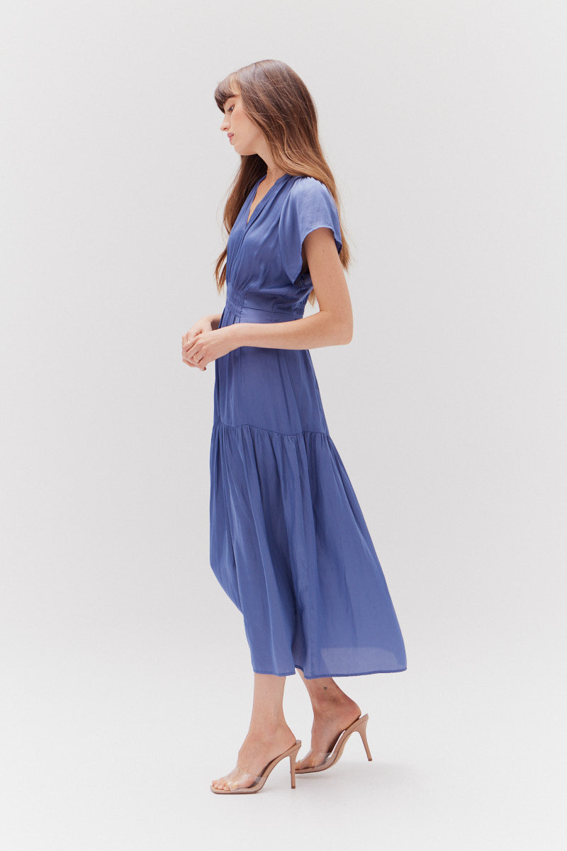 Ruffle Satin Midi Dress in Cornflower Blue