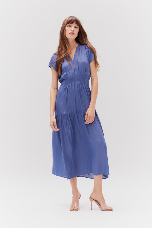 Ruffle Satin Midi Dress in Cornflower Blue