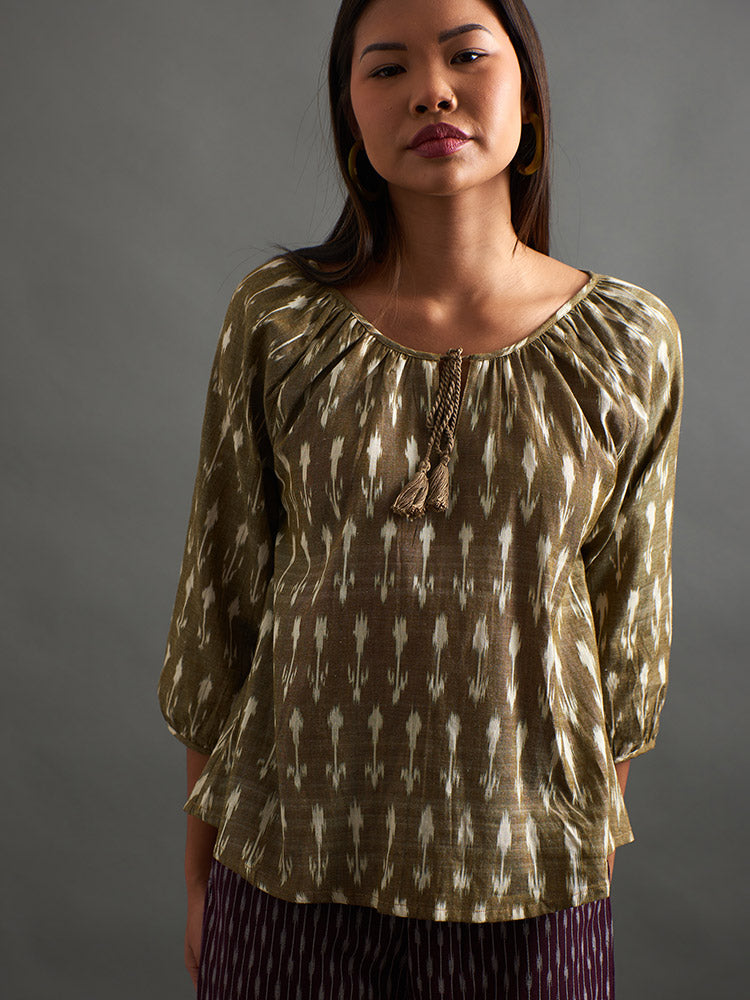 Tulum Tassel Top in Olive Ikat