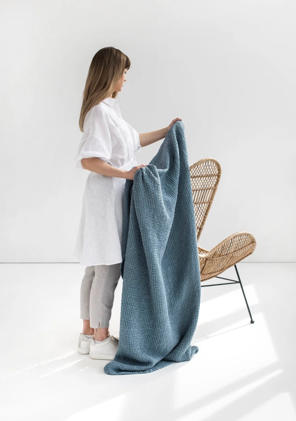Linen Waffle Throw Blanket in Gray Blue