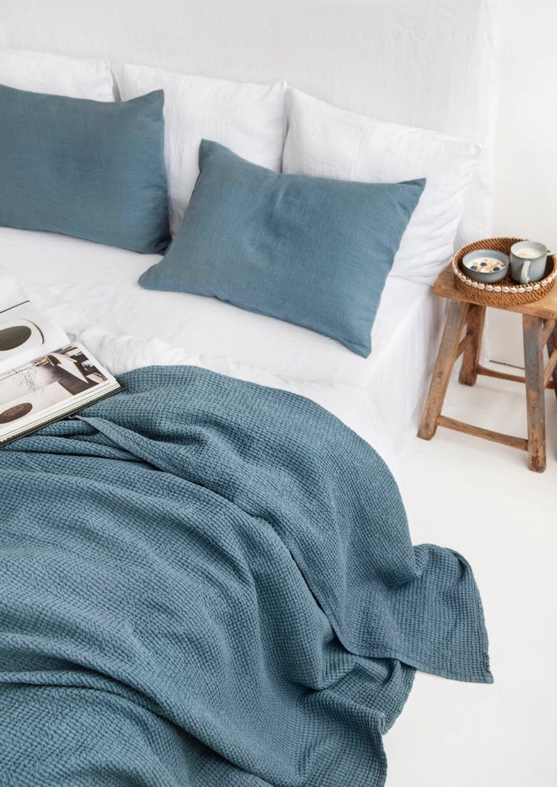 Linen Waffle Throw Blanket in Gray Blue