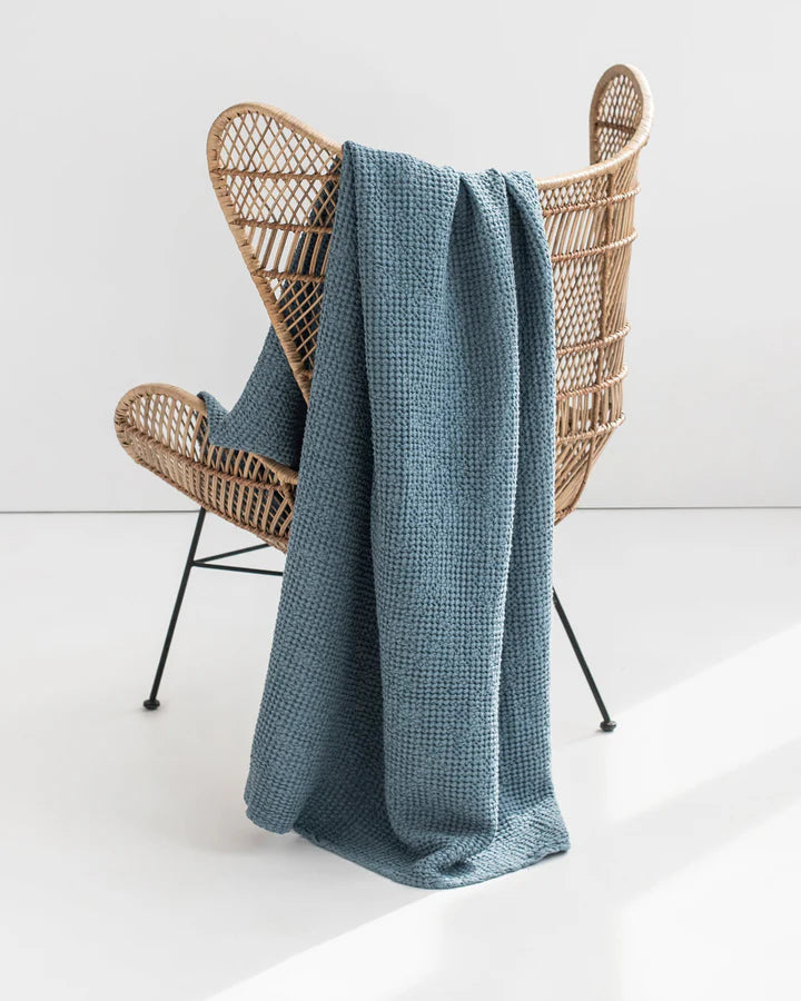 Linen Waffle Throw Blanket in Gray Blue