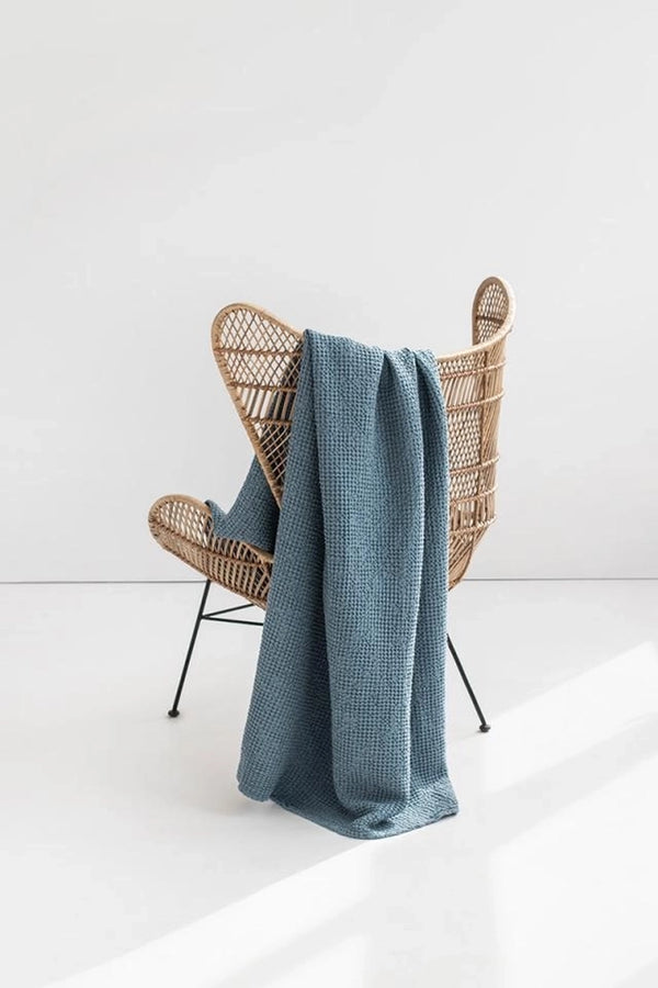 Linen Waffle Throw Blanket in Gray Blue