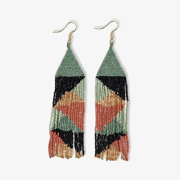 Brittany Mixed Triangles Beaded Fringe Earrings - Green & Rust