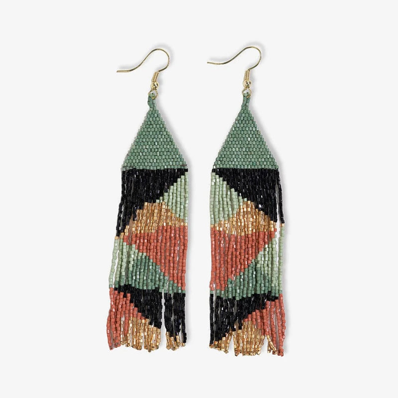 Brittany Mixed Triangles Beaded Fringe Earrings - Green & Rust