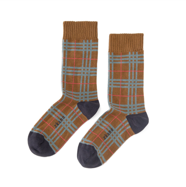 Evelyn Plaid - organic cotton crew socks - chestnut