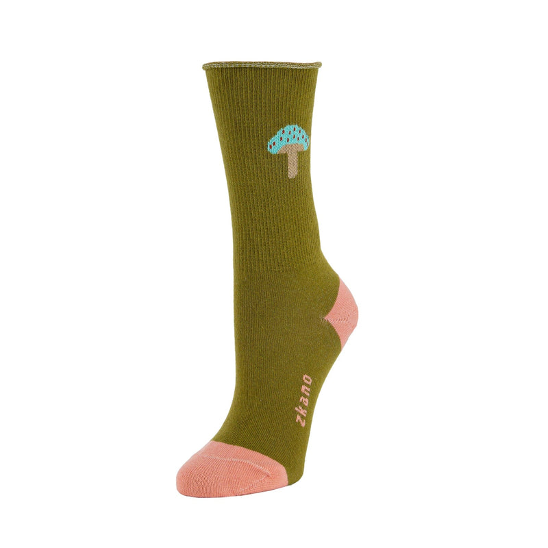 Mushroom Cross Stitch - roll top organic cotton crew socks (Size M)