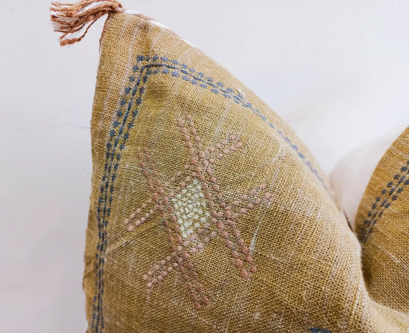 Embroidered Mustard Linen Pillow Cover