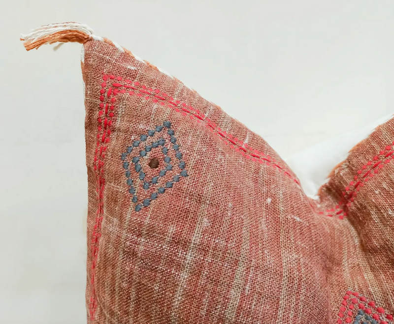Embroidered Rust Linen Pillow Cover