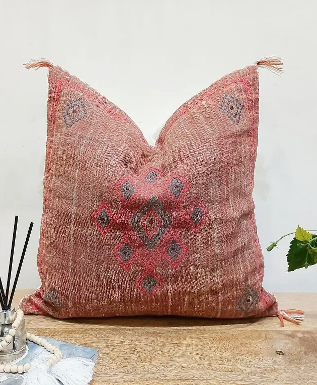 Embroidered Rust Linen Pillow Cover