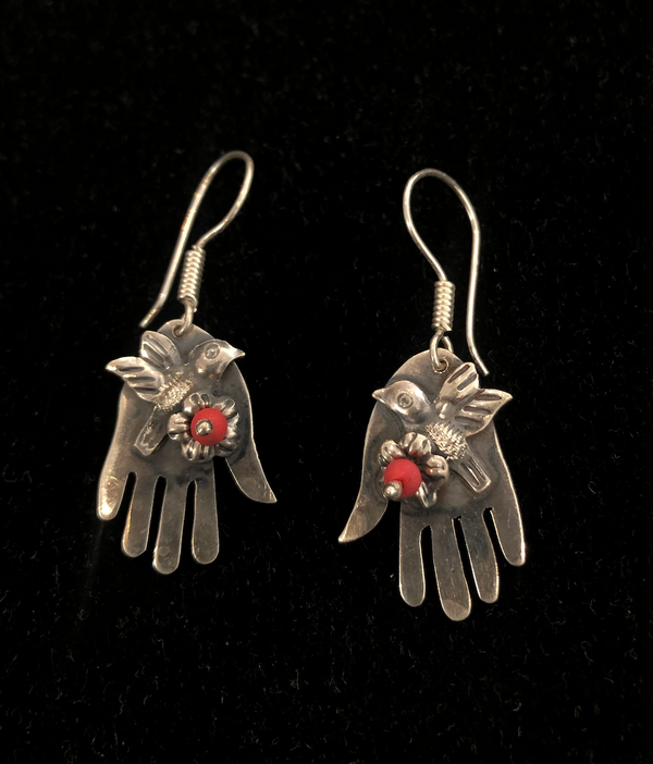 Sterling Hand and Dove with Coral Flower Earrings
