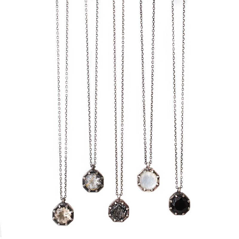 Lauren Wolf Large Silver Octagon Necklace w/ Rainbow Moonstone