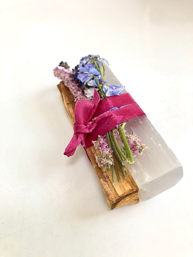 Palo Santo, Selenite Crystal + Flowers Bundle